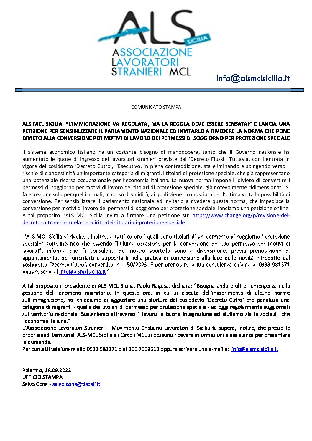 Com. Stampa (18/09/2023). ALS MCL SICILIA: “L’IMMIGRAZIONE VA REGOLATA, MA LA REGOLA DEVE ESSERE SENSATA!” E LANCIA UNA PETIZIONE PER SENSIBILIZZARE IL PARLAMENTO NAZIONALE ED INVITARLO A RIVEDERE LA NORMA CHE PONE DIVIETO ALLA CONVERSIONE PER MOTIVI DI LAVORO DEI PERMESSI DI SOGGIORNO PER PROTEZIONE SPECIALE
